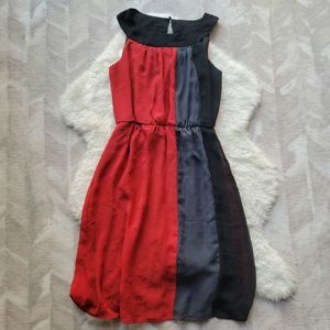 Maurices Dress Red, Grey, Black Striped Midi with cinched waiste